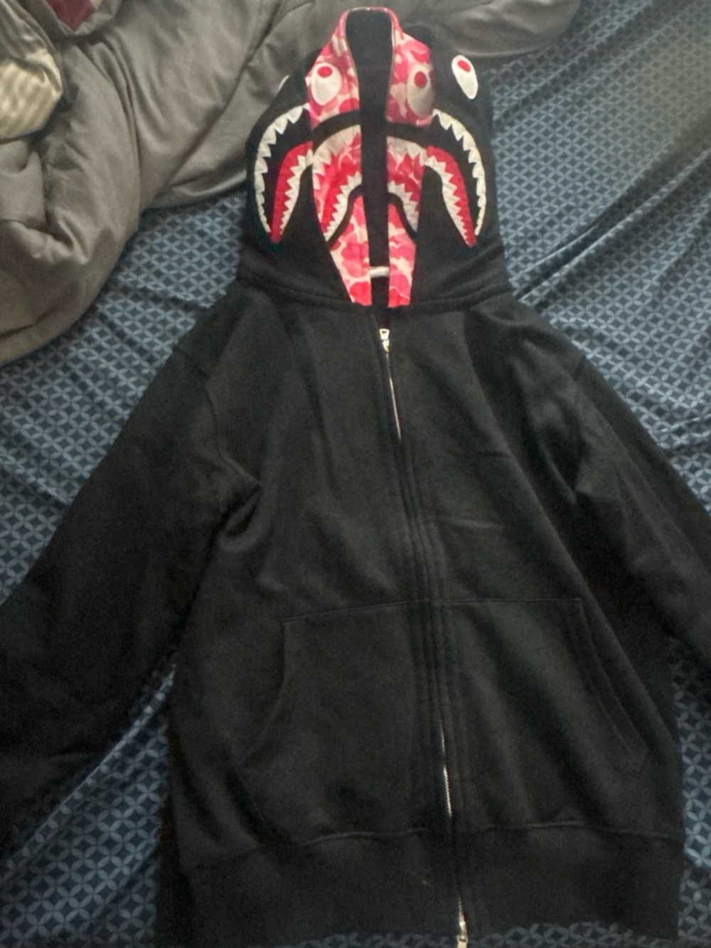 Bape Black Zip-Up Shark Hoodie with Red Camo Hood